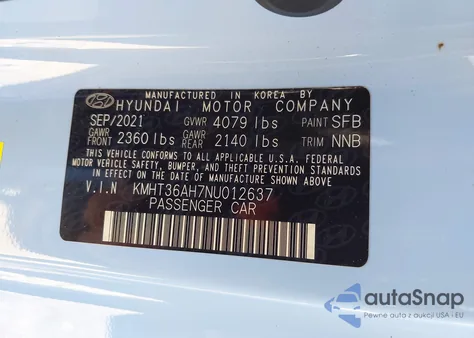 2022 Hyundai Veloster N z USA, uszkodzony, nr VIN KMHT36AH7NU012637